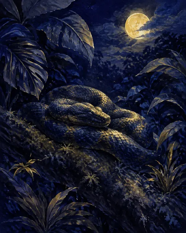 Cobra enrolada num galho sob a luz da lua