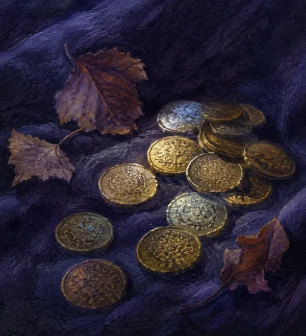 Moedas douradas espalhadas sobre um tecido escuro