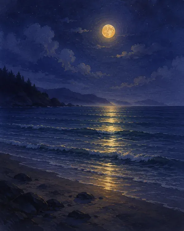 Mar calmo à noite com o reflexo dourado da lua